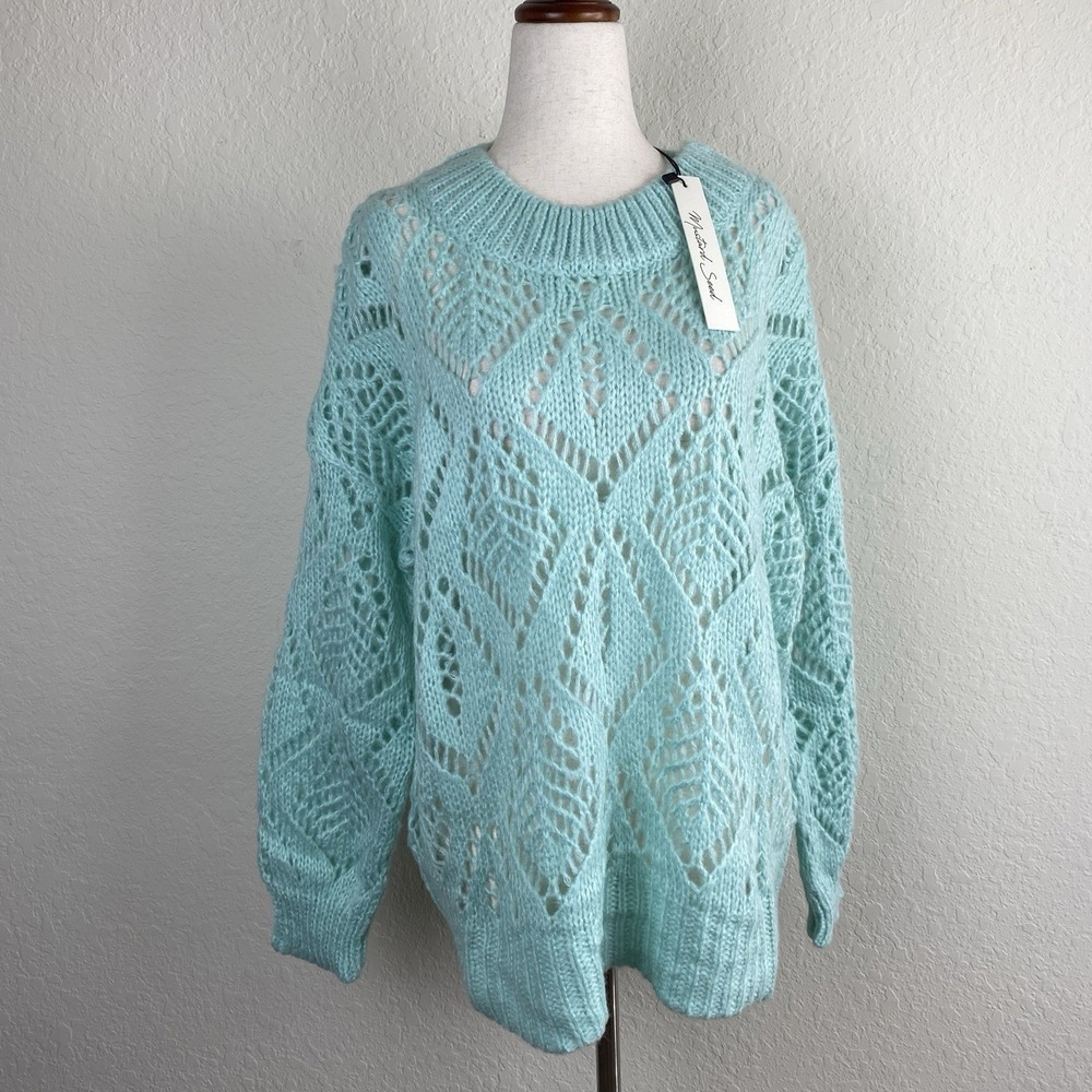 Mustard Seed S Turquoise Sweater Sheer Pullover Crew Blue Preppy Fairy Oversized